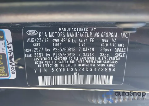 2013 Kia Sorento Ex V6 z USA, uszkodzony, nr VIN 5XYKU3A24DG373864